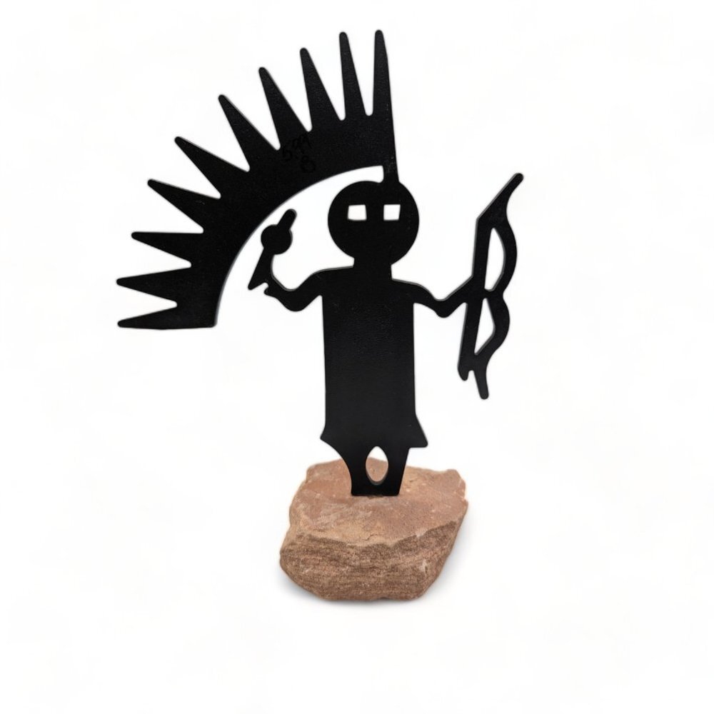 Vtg Kokopelli Cut Steel Art Figure Bow and Arrow Sculpture Sandstone base
